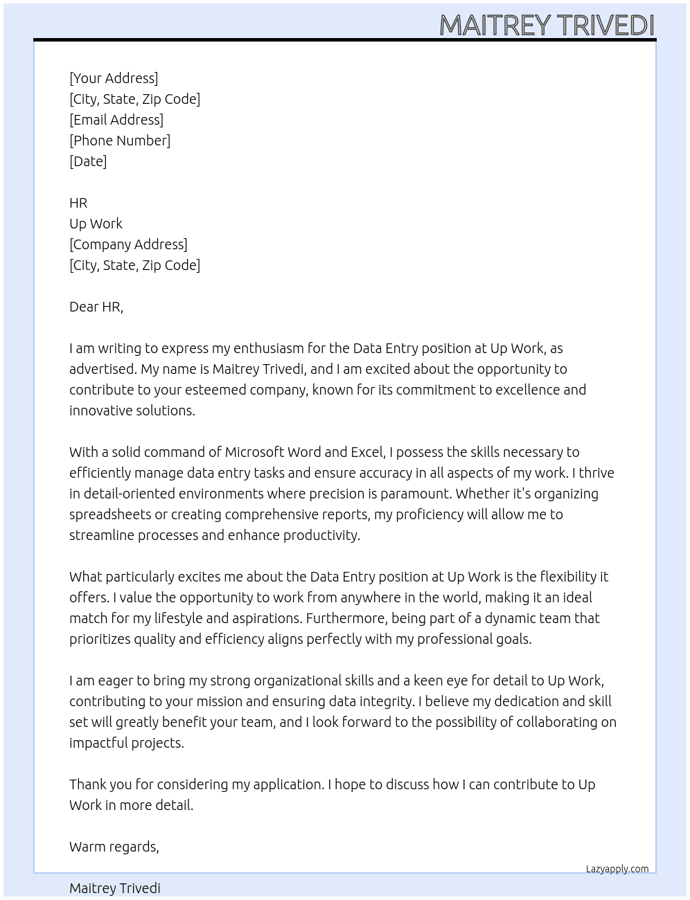 Data entry  At Up work  Cover Letter