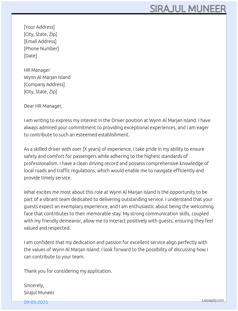 Driver At Wynn Al Marjan Island Cover Letter