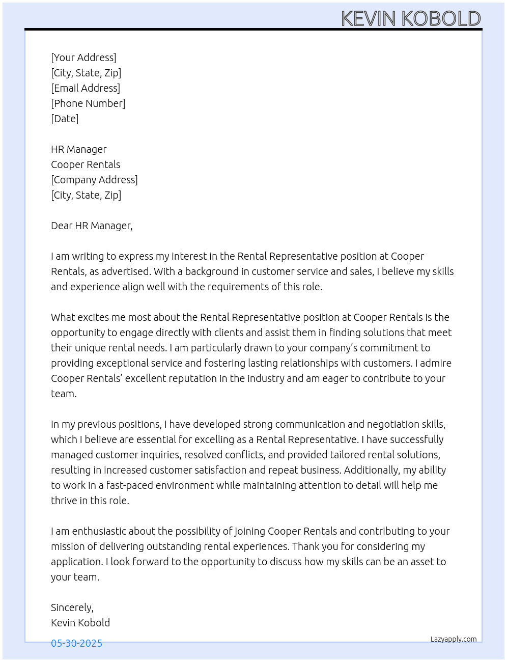 Rental Representative At Cooper Rentals Cover Letter