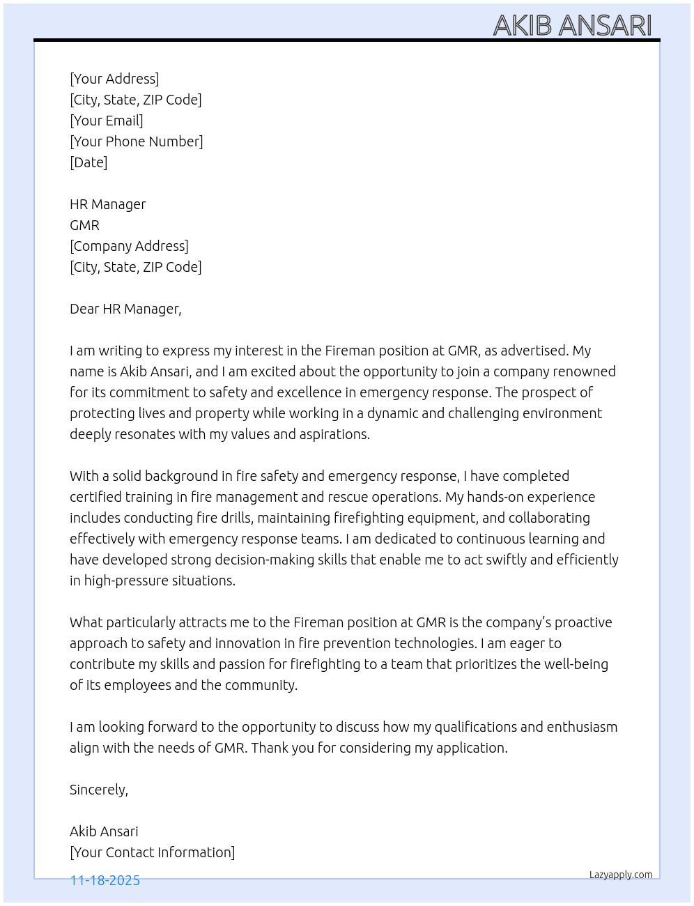 Fireman  At GMR  Cover Letter