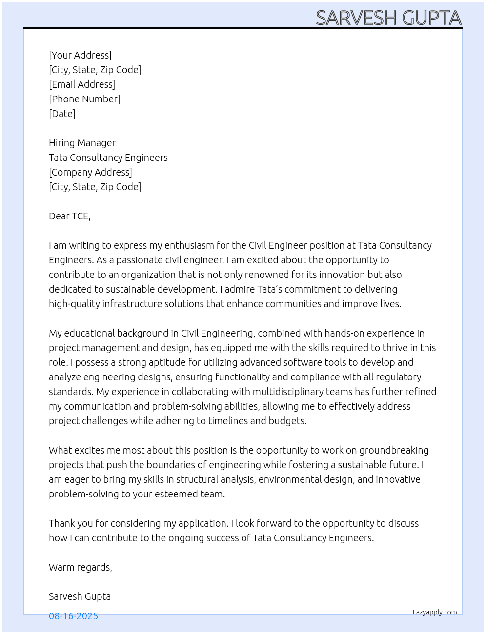 Civil engineer  At Tata consultancy engineers Cover Letter