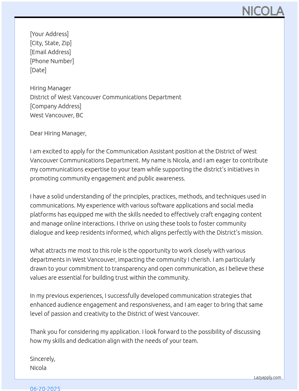 communication assistant At District of West Vancouver Communications Department Cover Letter