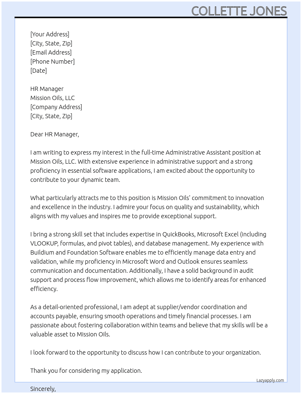 Cover letter for administrating assistant - LazyApply