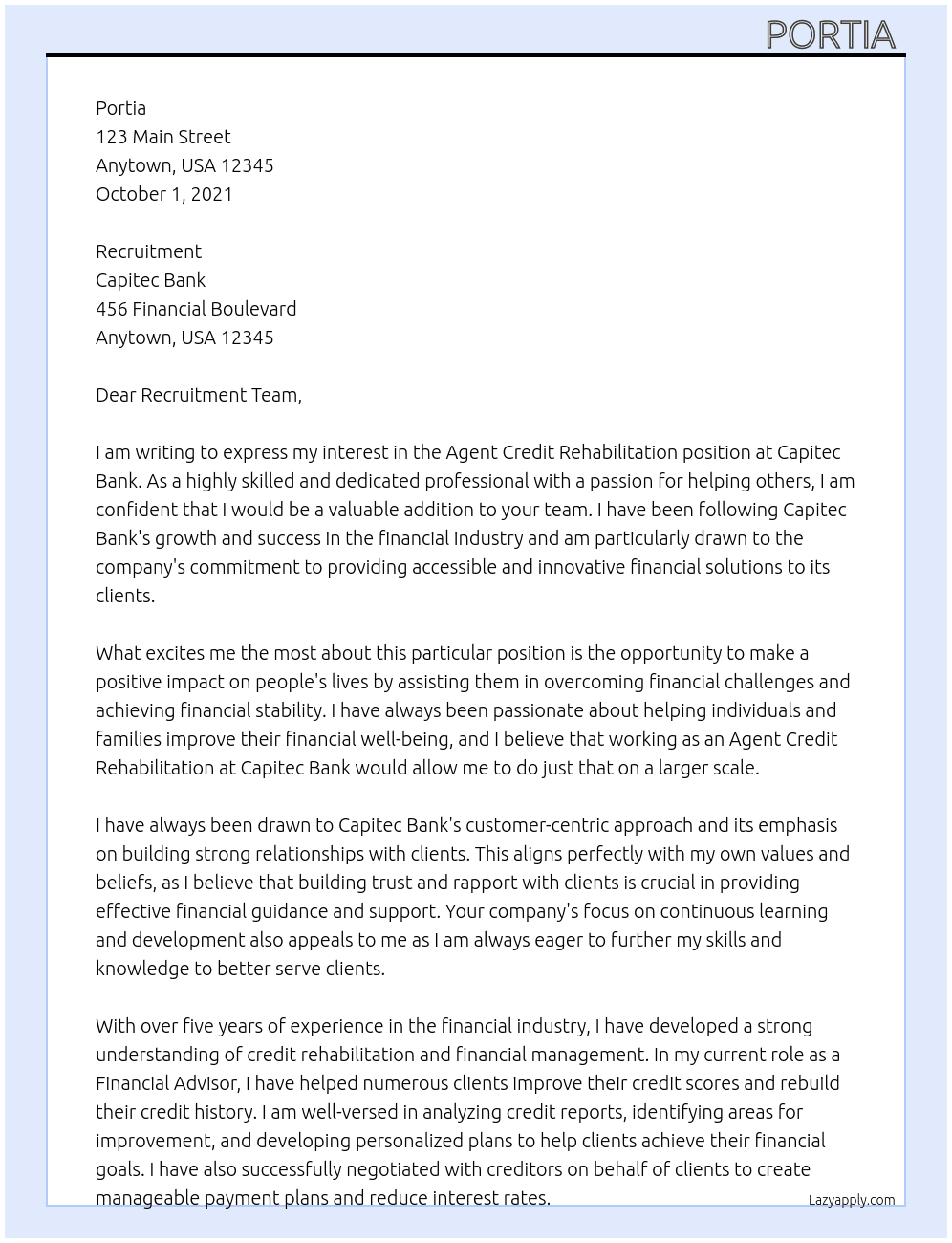 Cover letter for agent credit rehabilitation - LazyApply
