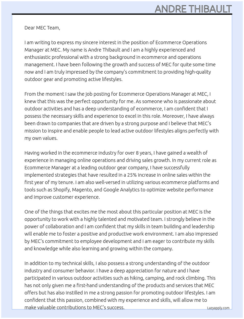 Ecommerce Operations Manager At MEC Cover Letter