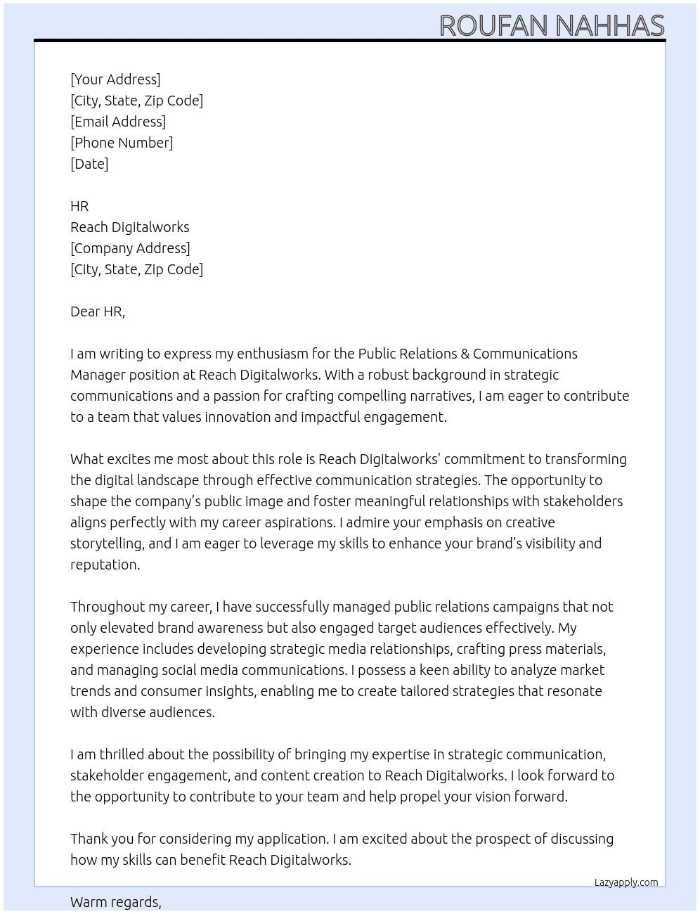 Public Relations & Communications Manager At Reach Digitalworks Cover Letter