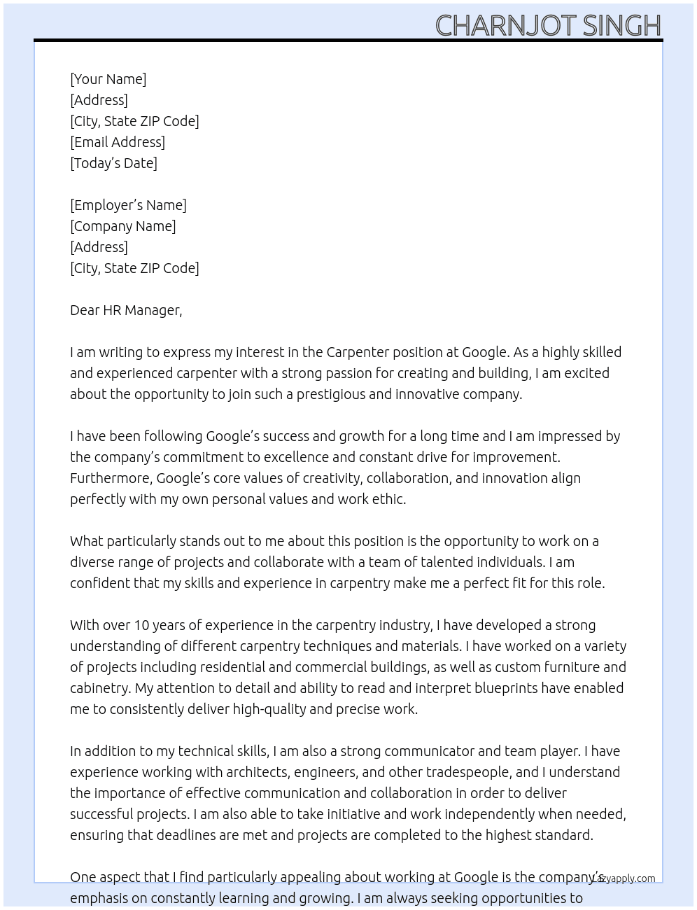 Carpenter  At Google Cover Letter