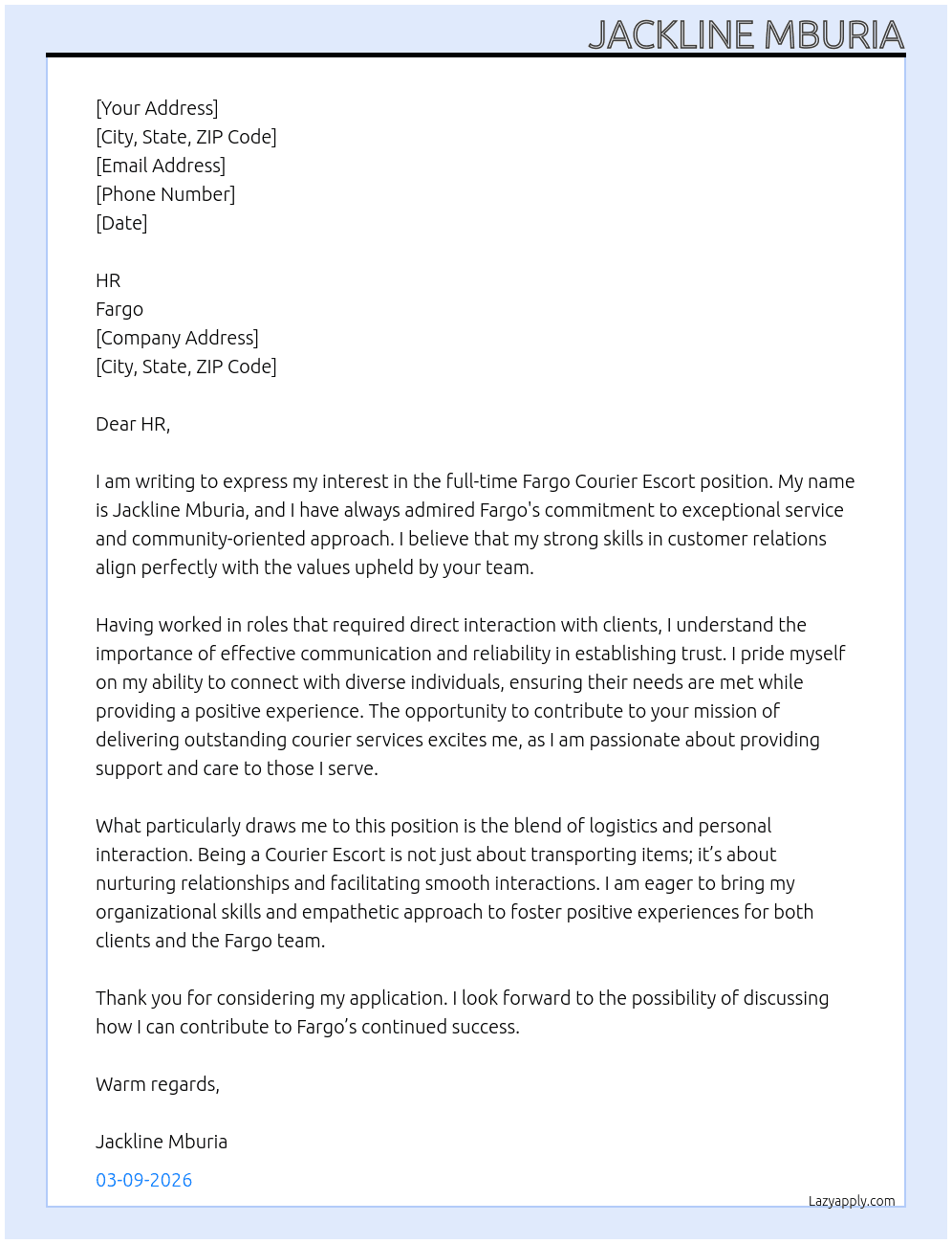 Cover letter for fargo courier escort - LazyApply