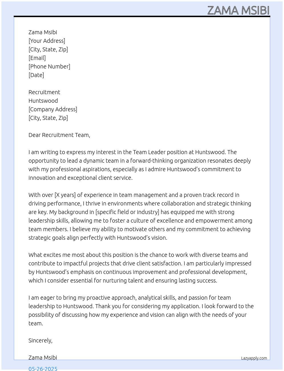 Team leader At huntswood Cover Letter