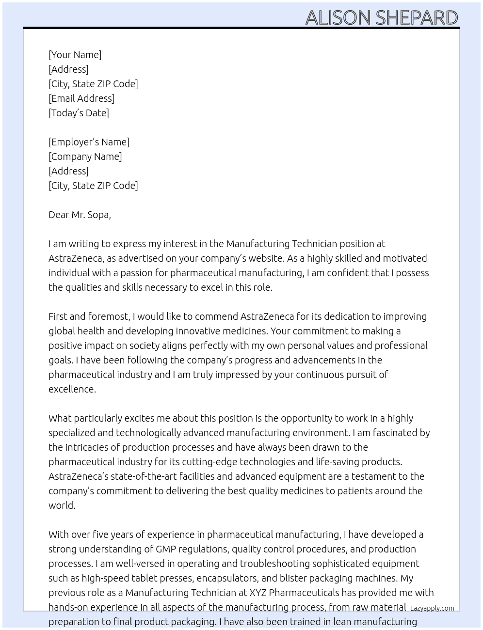 Cover letter for manufacturing technician - LazyApply