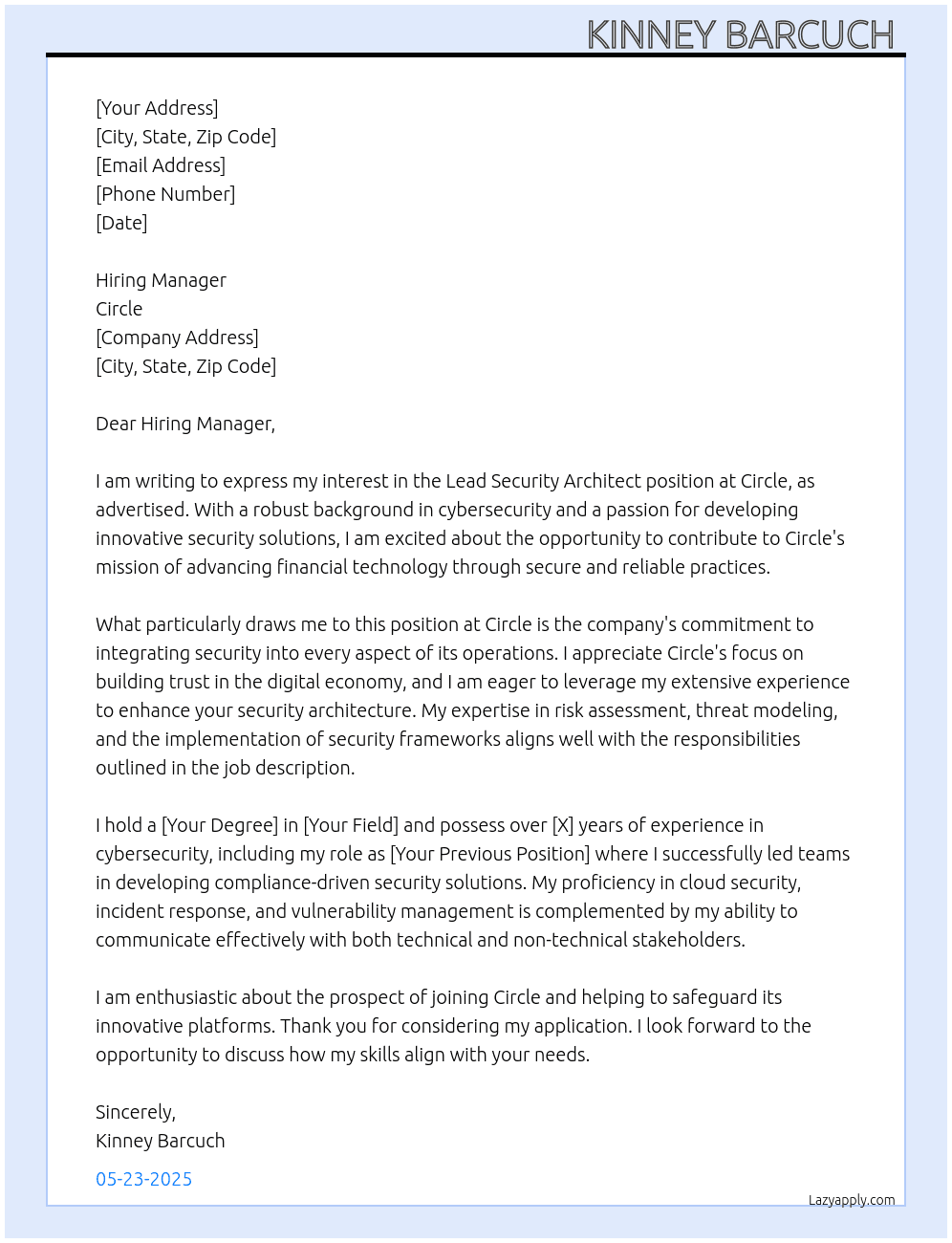 Cover letter for lead security architect - LazyApply
