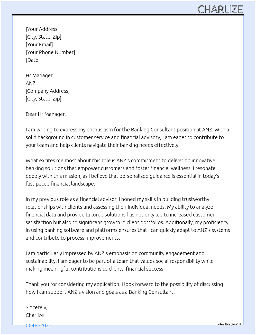 Banking Consultant At ANZ Cover Letter