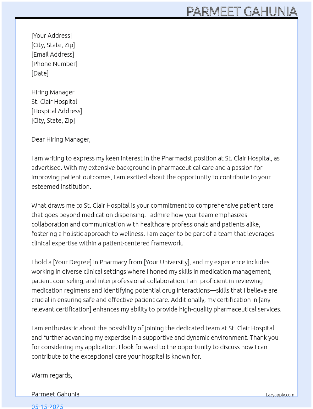 Pharmacist At St. Clair Hospital Cover Letter