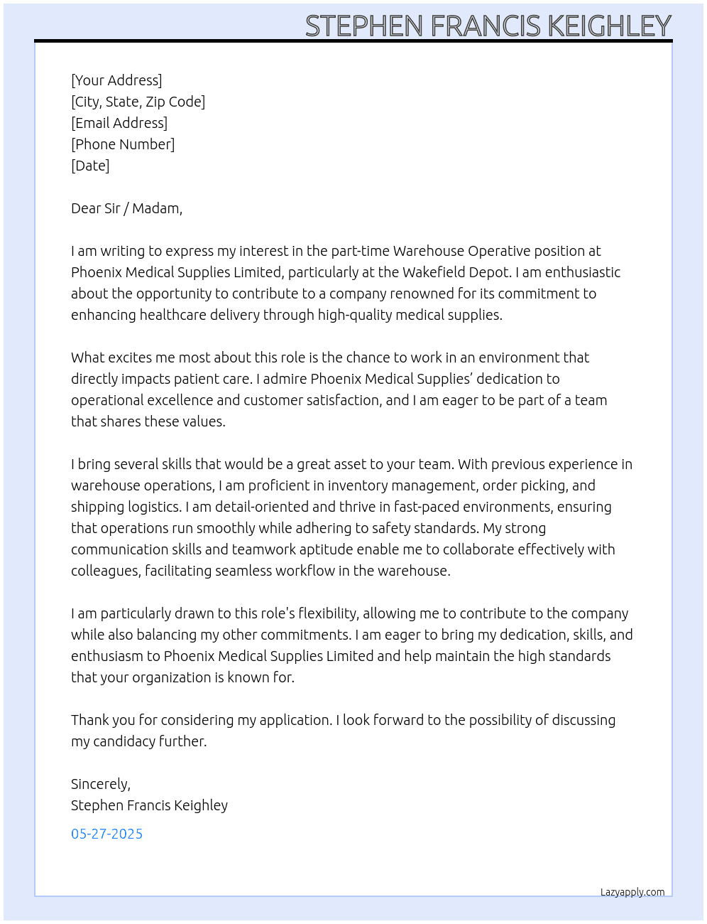 Warehouse Operative At Phoenix Medical Supplies Limited Cover Letter