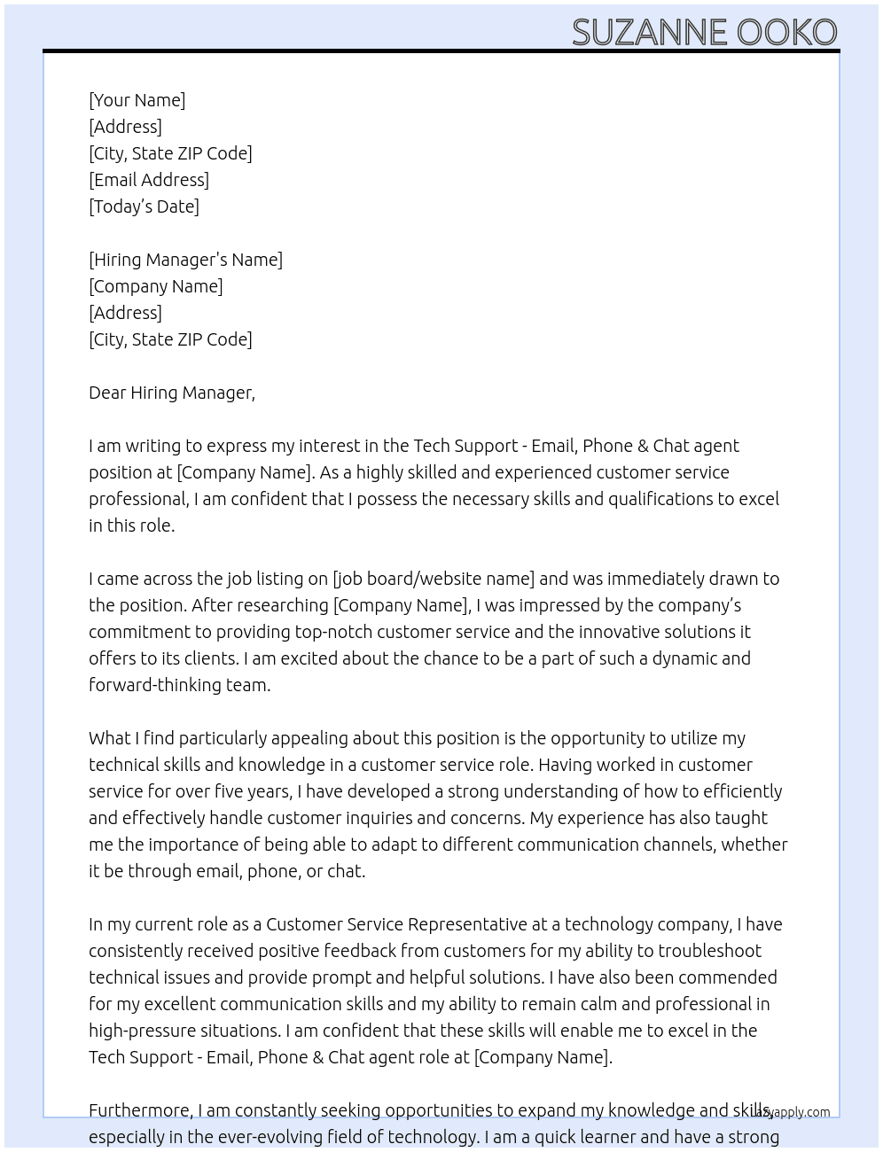 Cover letter for tech support - email, phone & chat agent - LazyApply