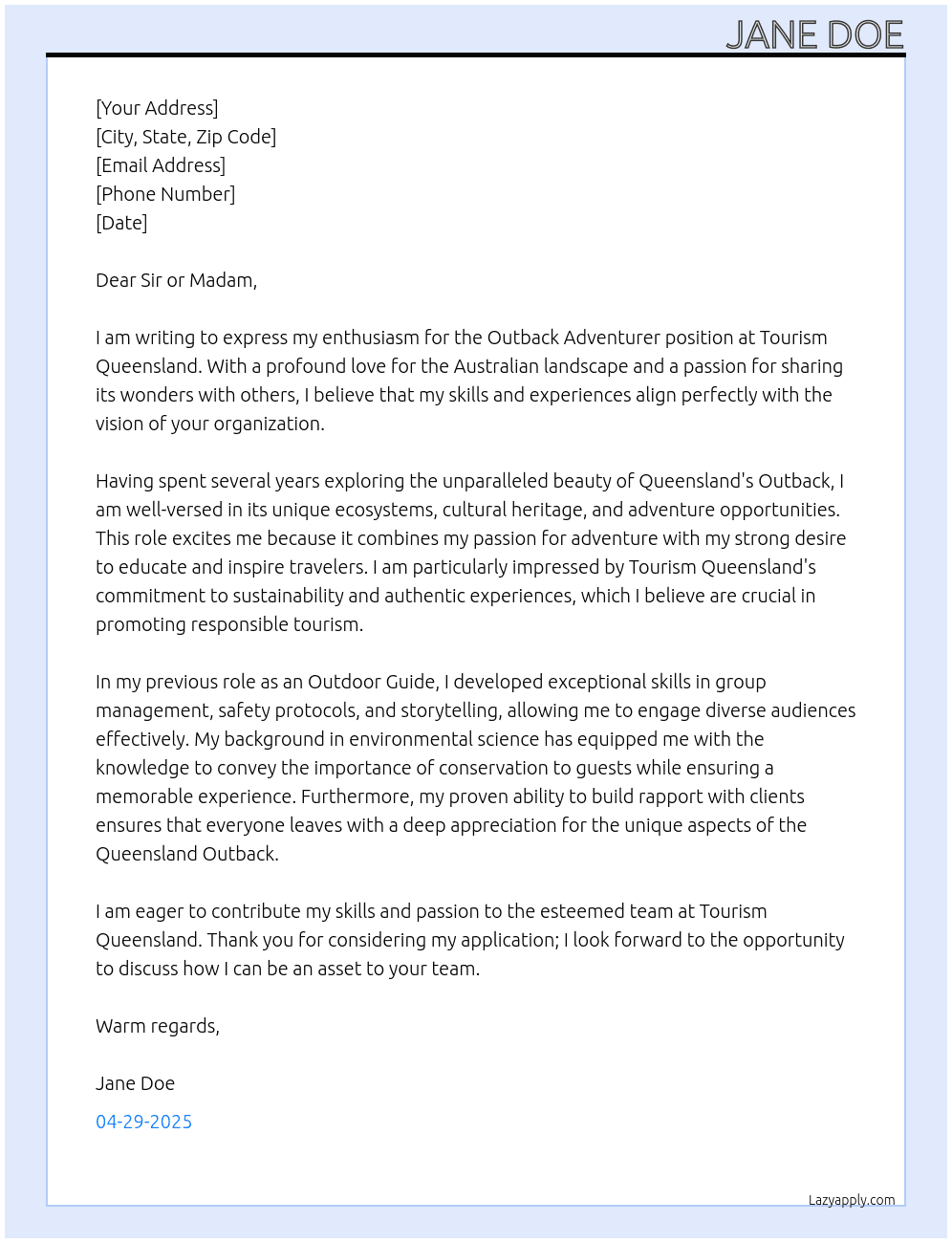 outback adventurer At Tourism Queensland Cover Letter