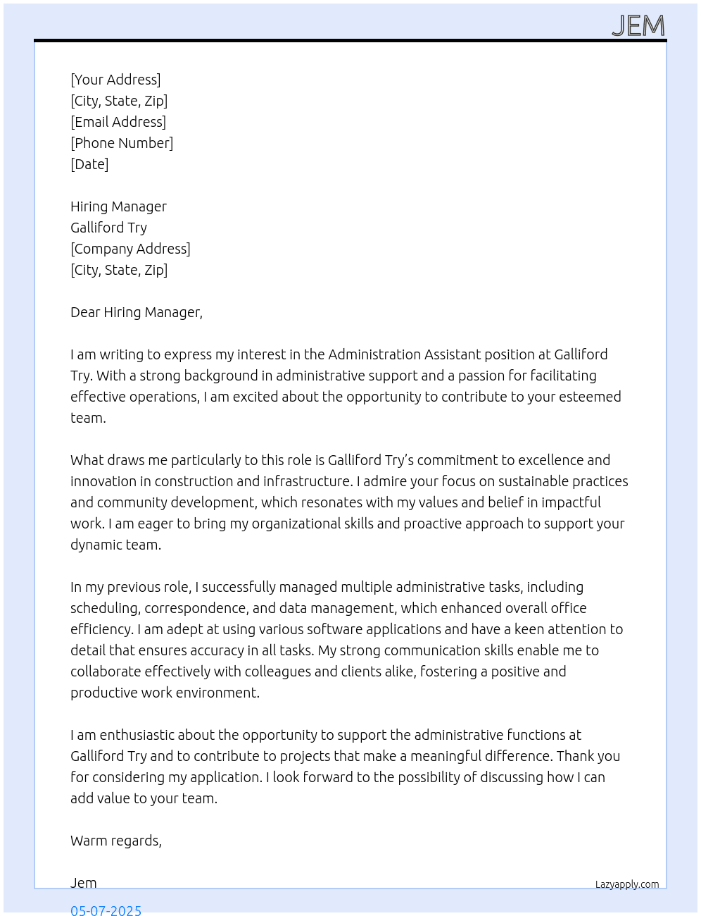 Administration Assistant  At Galliford Try Cover Letter