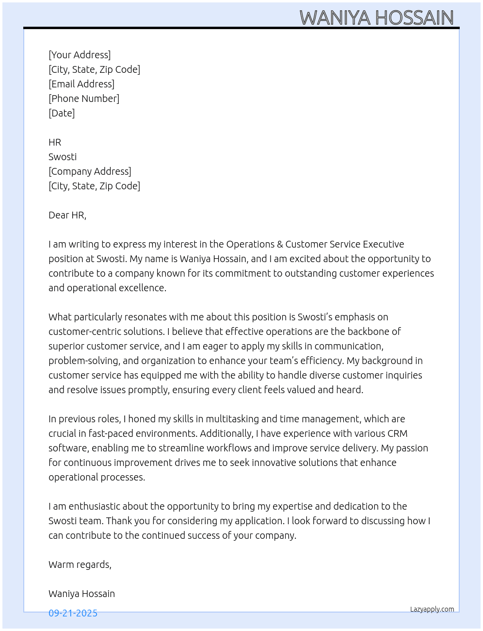 Operations & Customer Service Executive At Swosti  Cover Letter