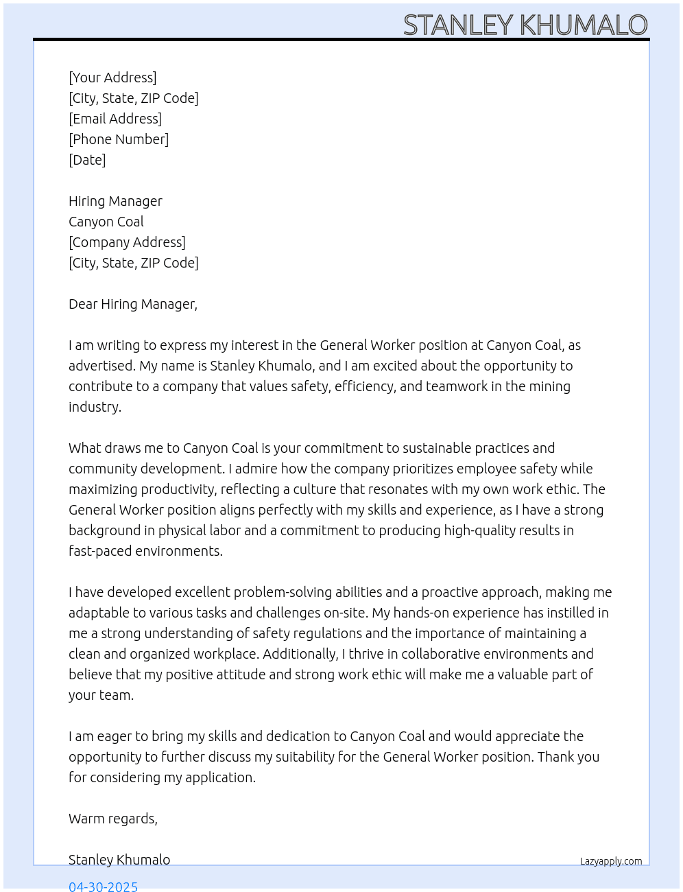 General Worker At Canyon Coal Cover Letter