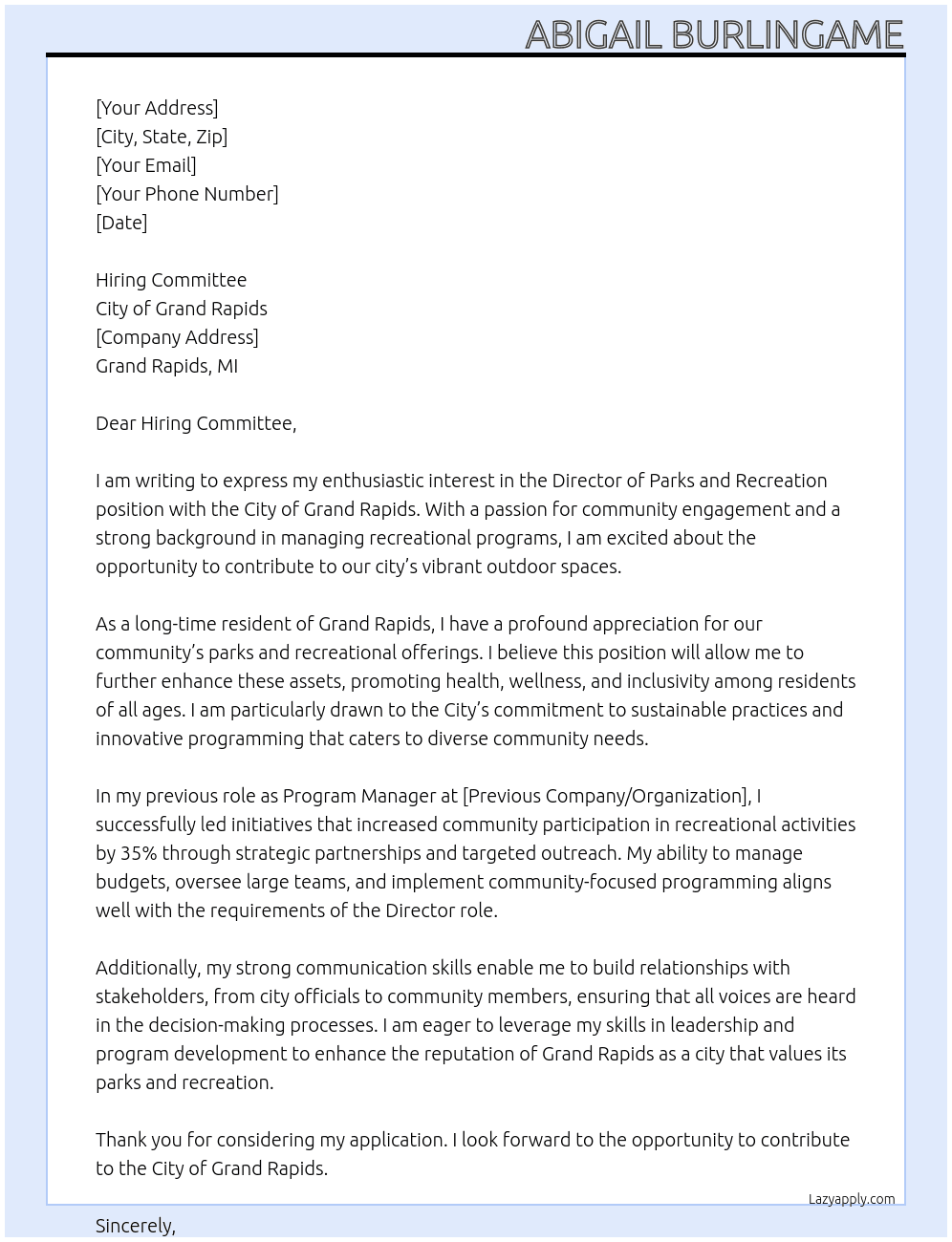 Director of Parks and Recreation At City of Grand Rapids Cover Letter