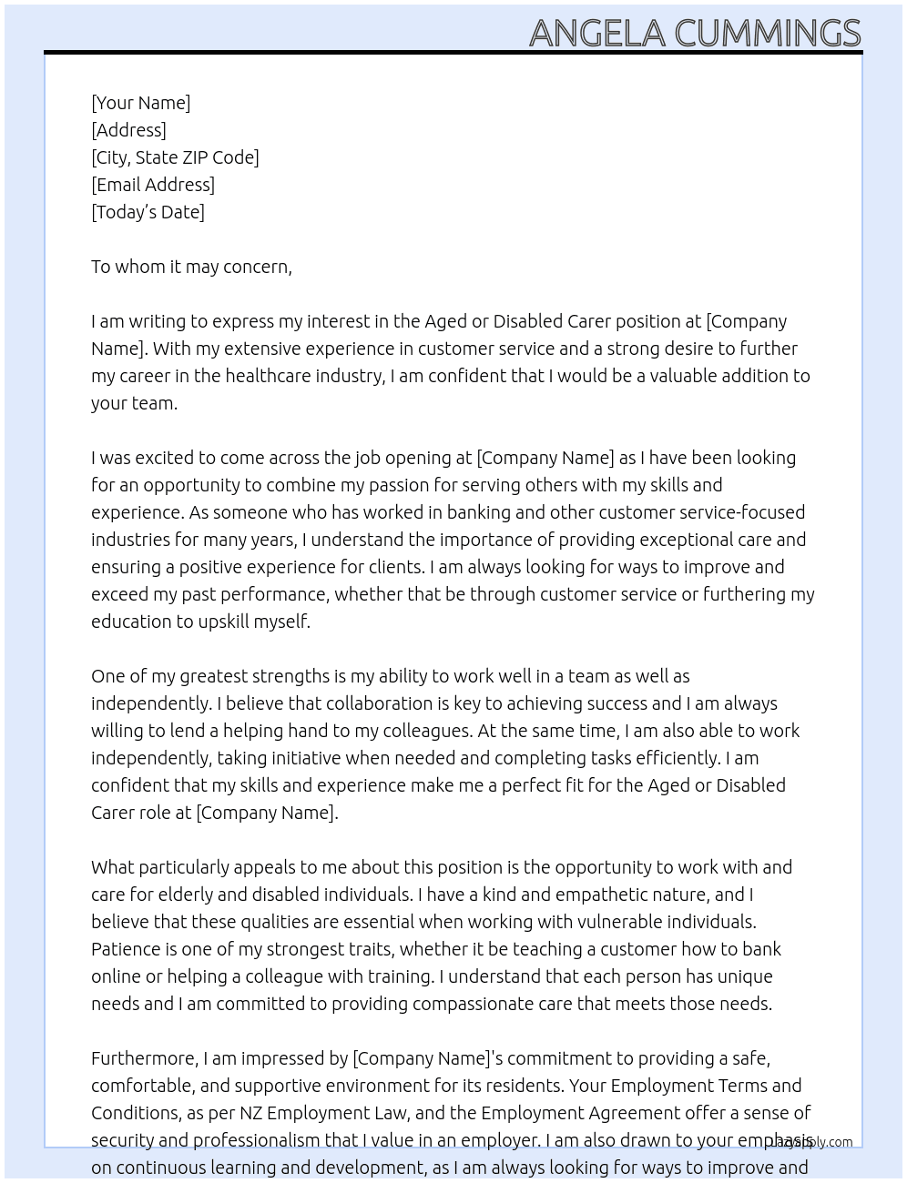 Aged or Disabled Carer At xxxxxxxxxxxxxxx Cover Letter