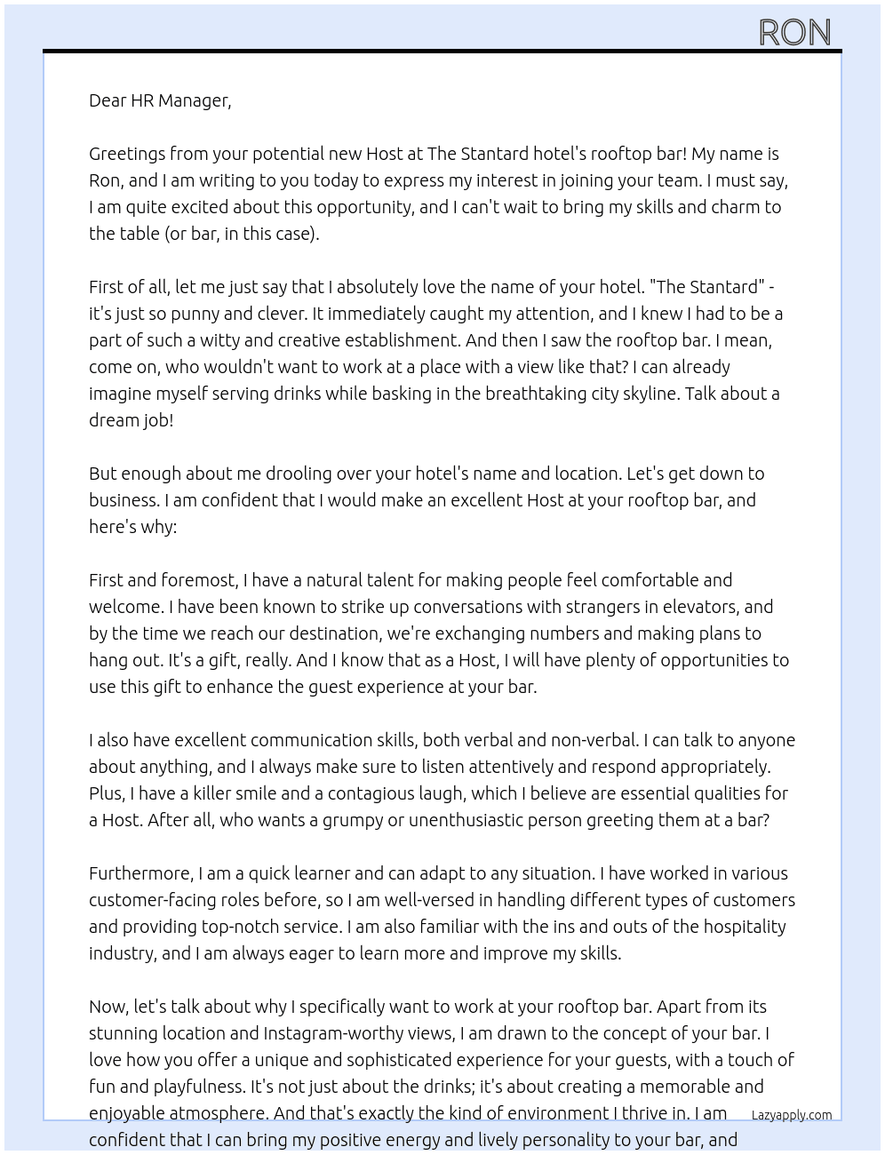 Host (  rooftop bar )  At The Stantard hotel  Cover Letter