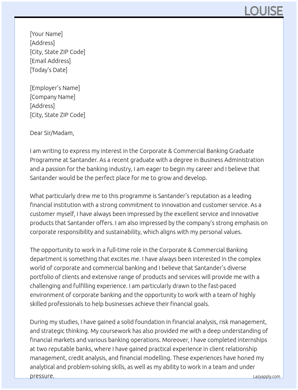 Corporate & Commercial Banking Graduate Programme At Santander Cover Letter