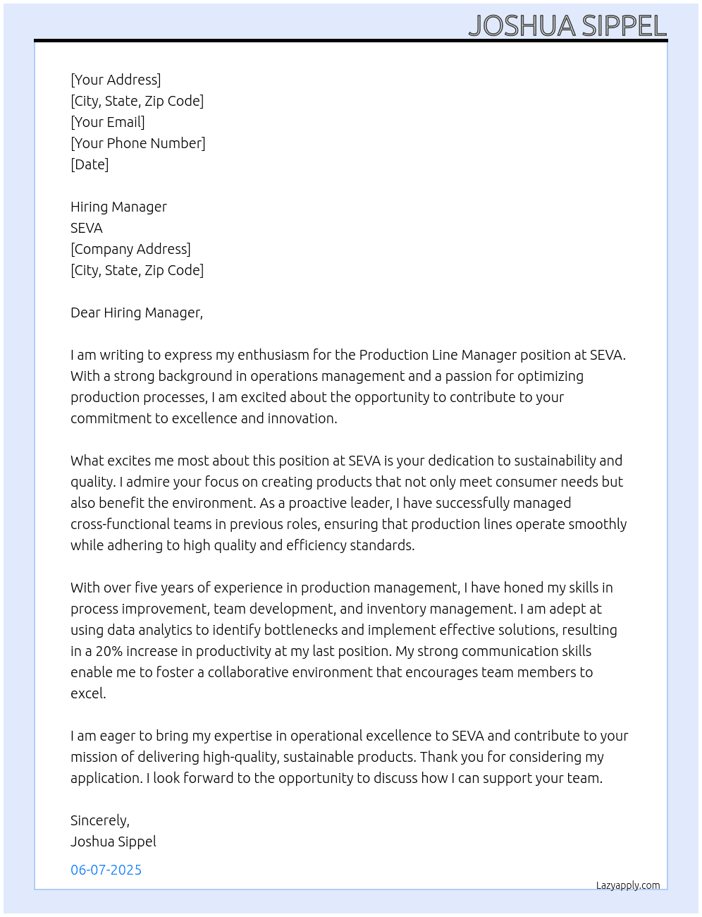 Production Line Manager At SEVA Cover Letter