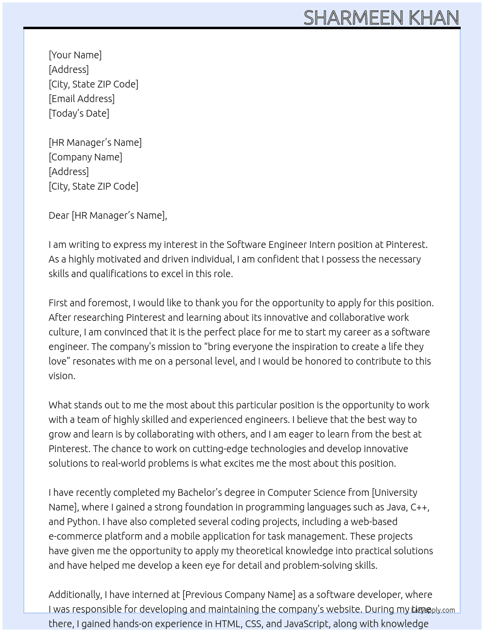 Software engineer intern  At Pinterest  Cover Letter