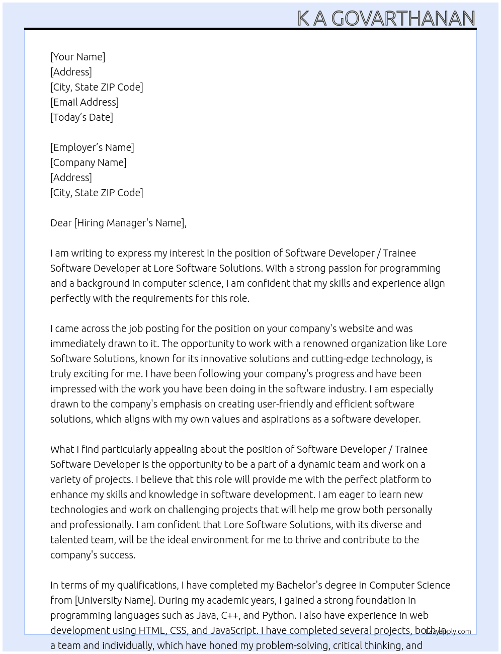 Software Developer / Trainee Software Developer At lore software solutions Cover Letter