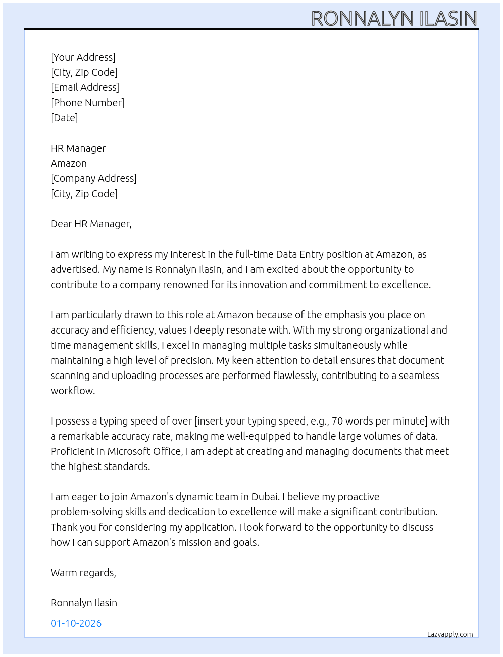 Data Entry  At Amazon Cover Letter