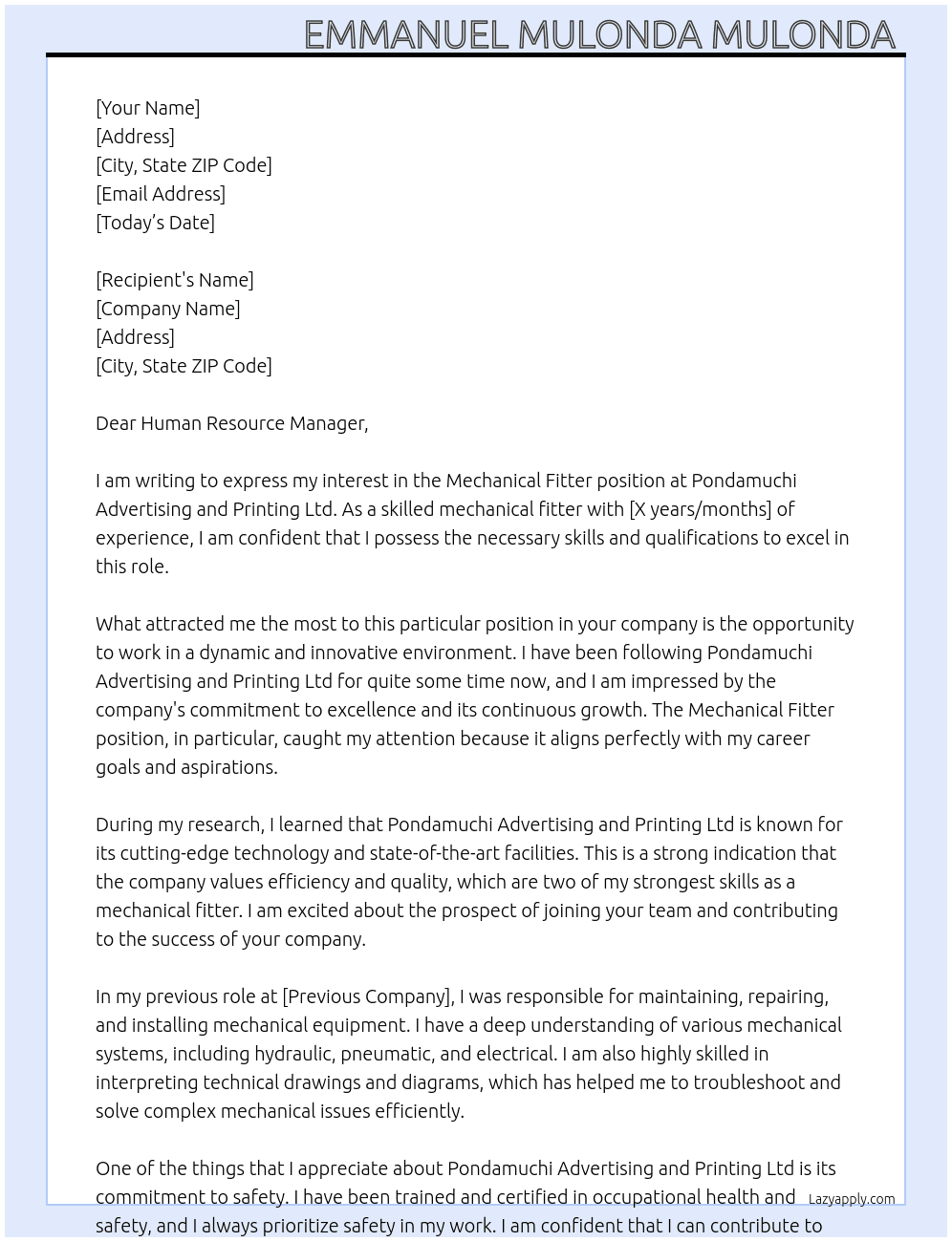 Mechanical fitter At Pondamuchi Advertising and Printing Ltd Cover Letter