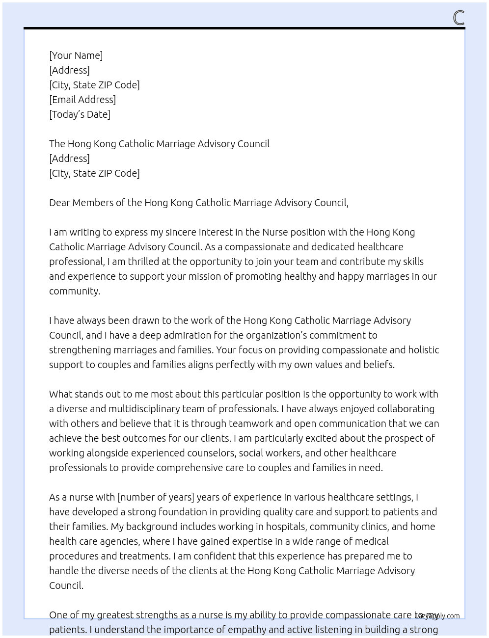 Nurse At The Hong Kong Catholic Marriage Advisory Council Cover Letter