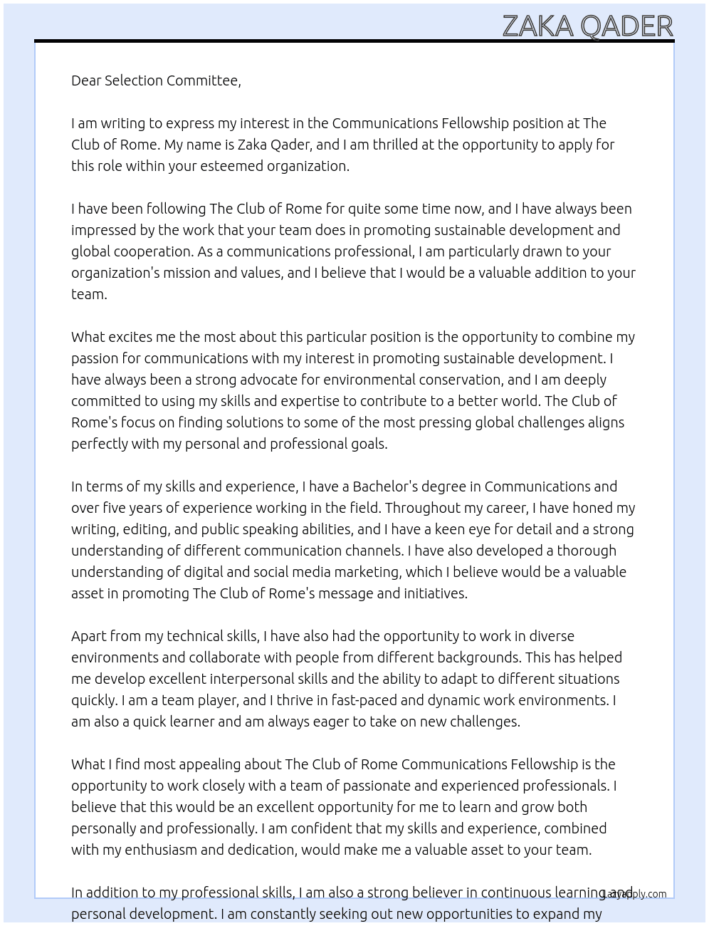 Communications Fellowship. At The Club of Rome Communications Fellowship Cover Letter