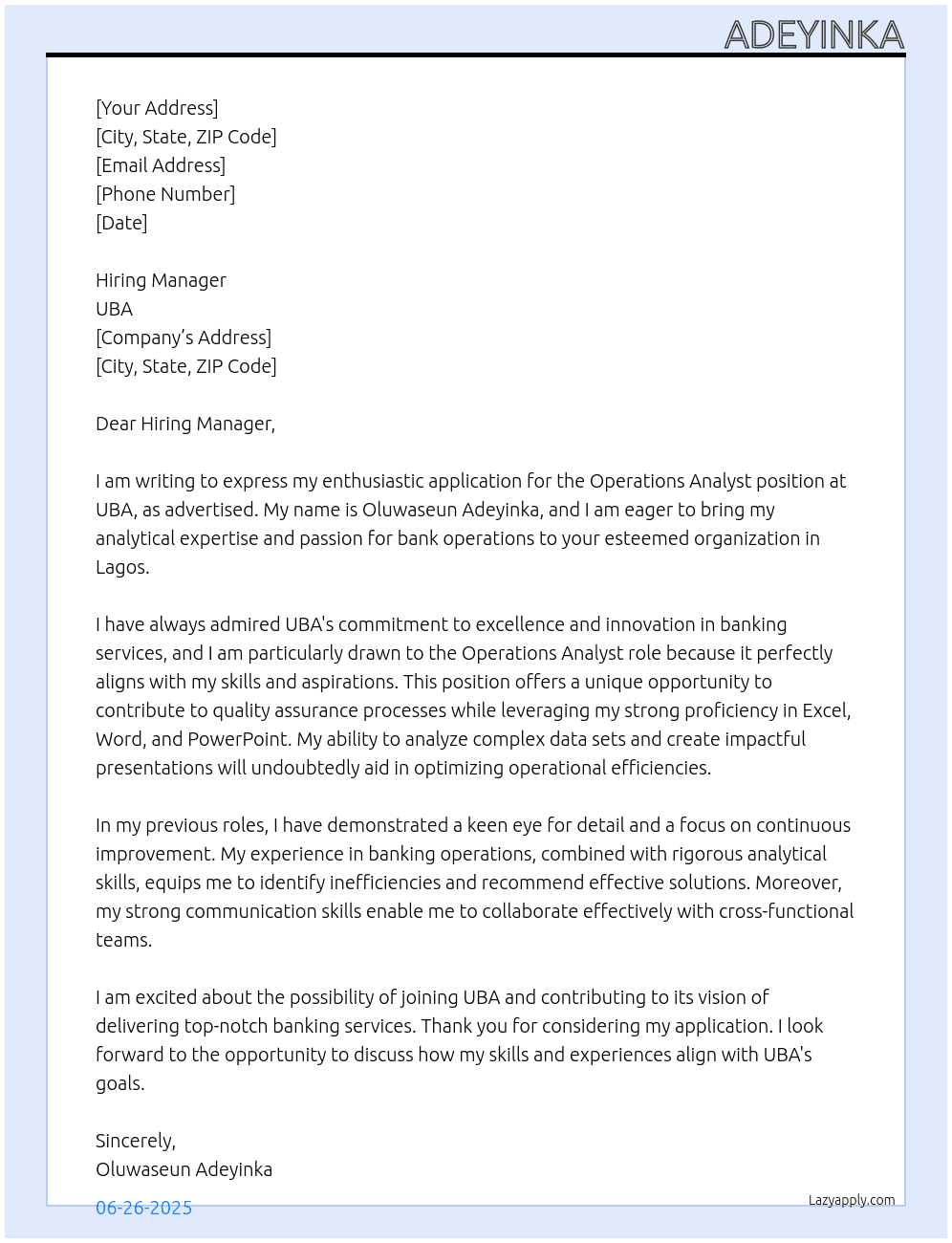 Operations analyst At UBA Cover Letter