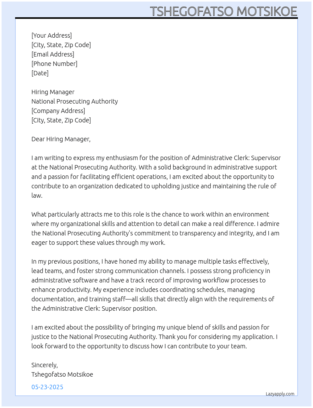 Cover letter for administrative clerk: supervisor - LazyApply