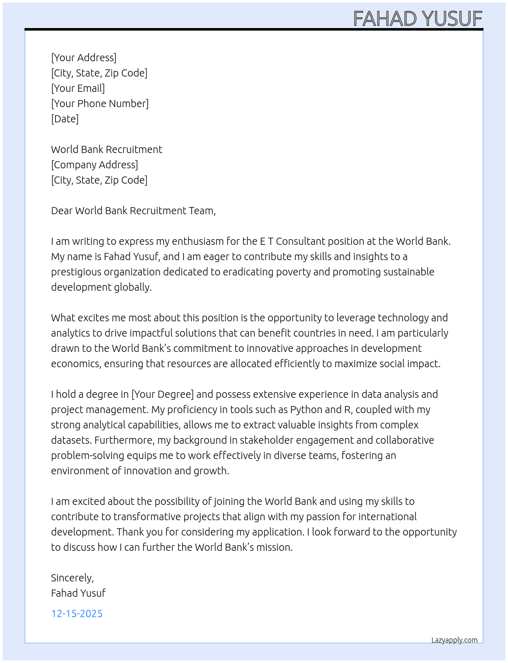 Cover letter for e t consultant - LazyApply