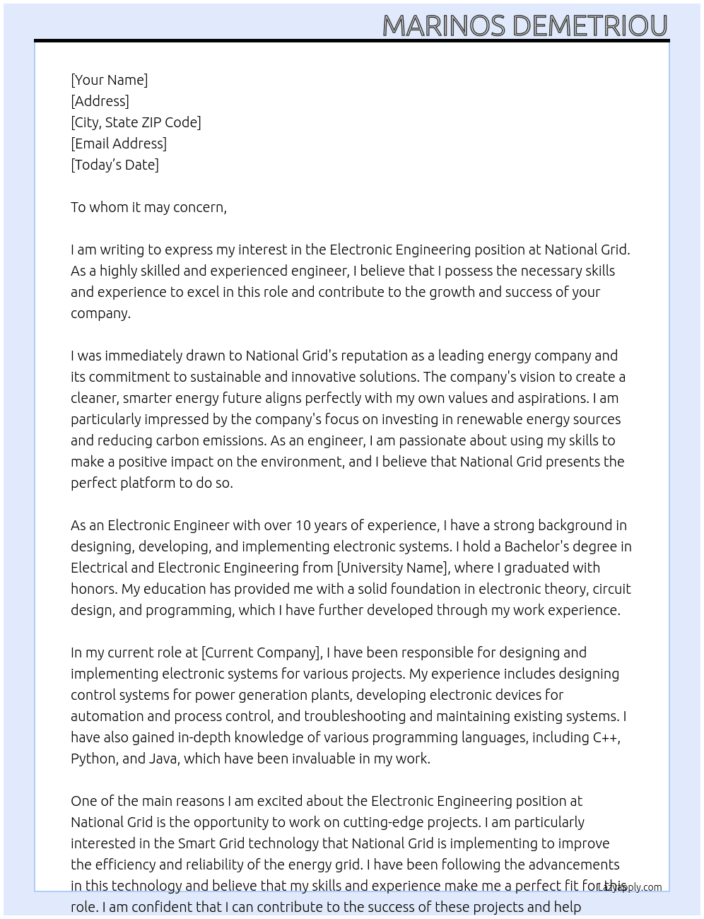 Cover letter for electronic engineering - LazyApply