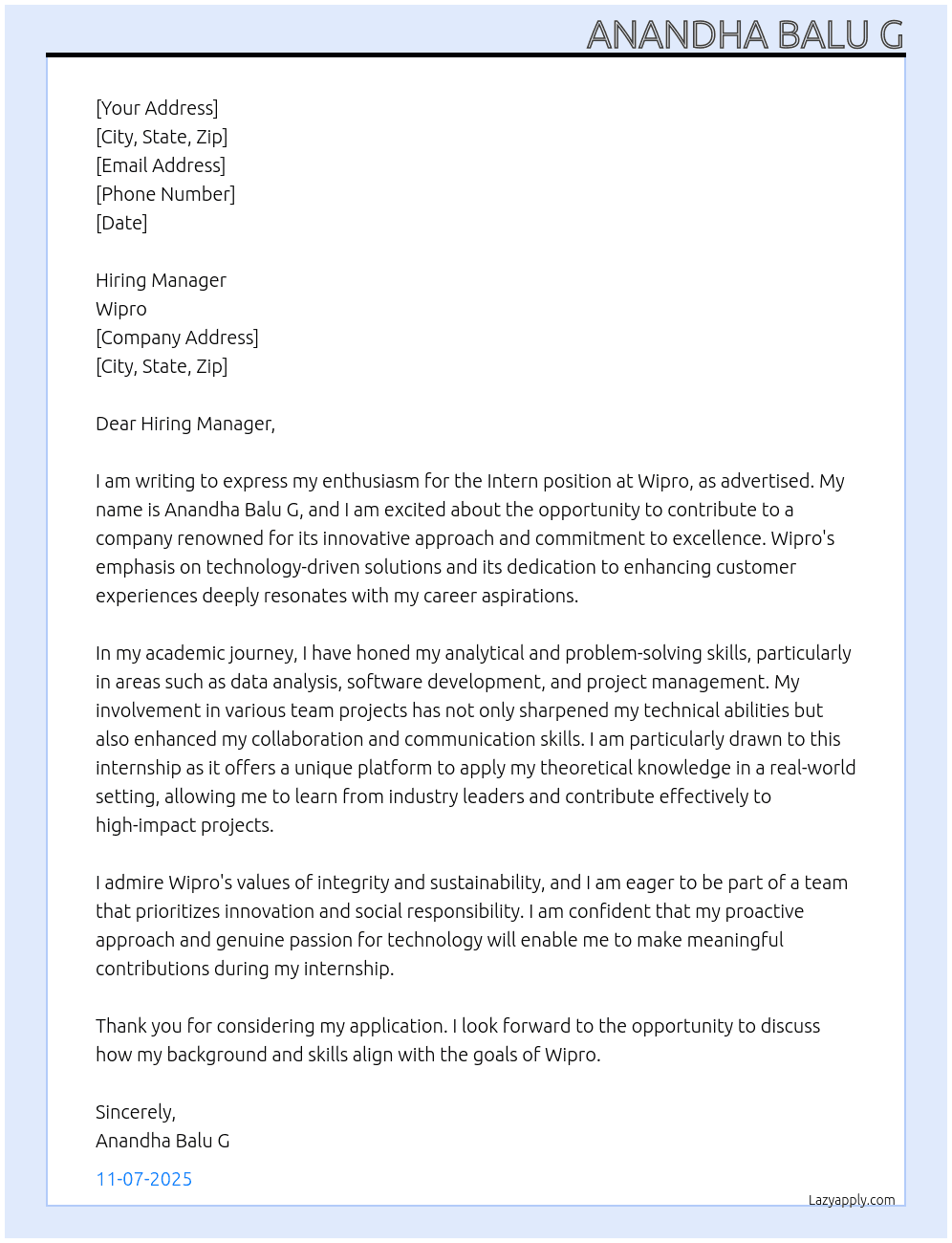 Intern At wipro Cover Letter