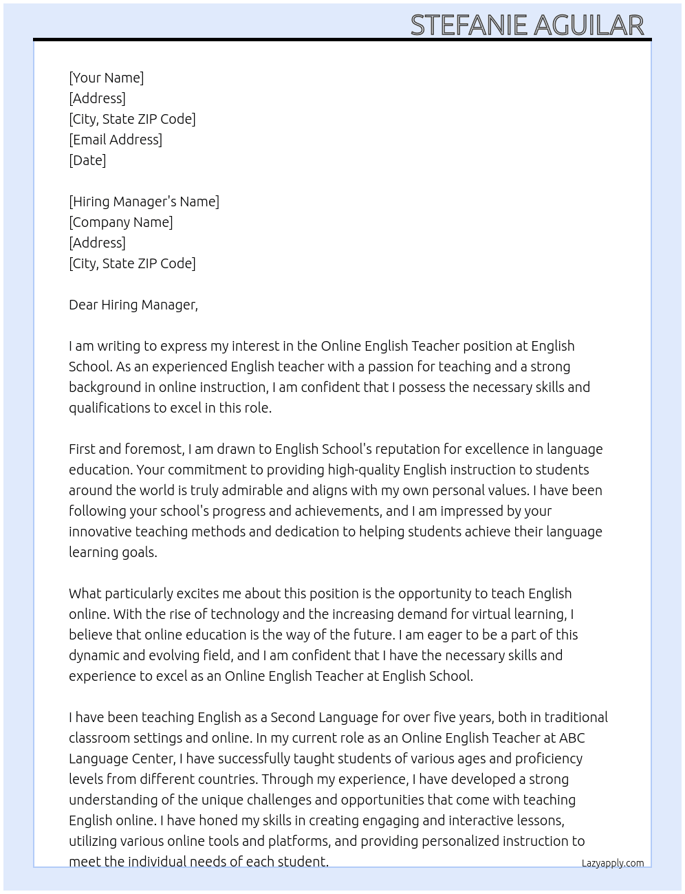 Online English Teacher At English School Cover Letter