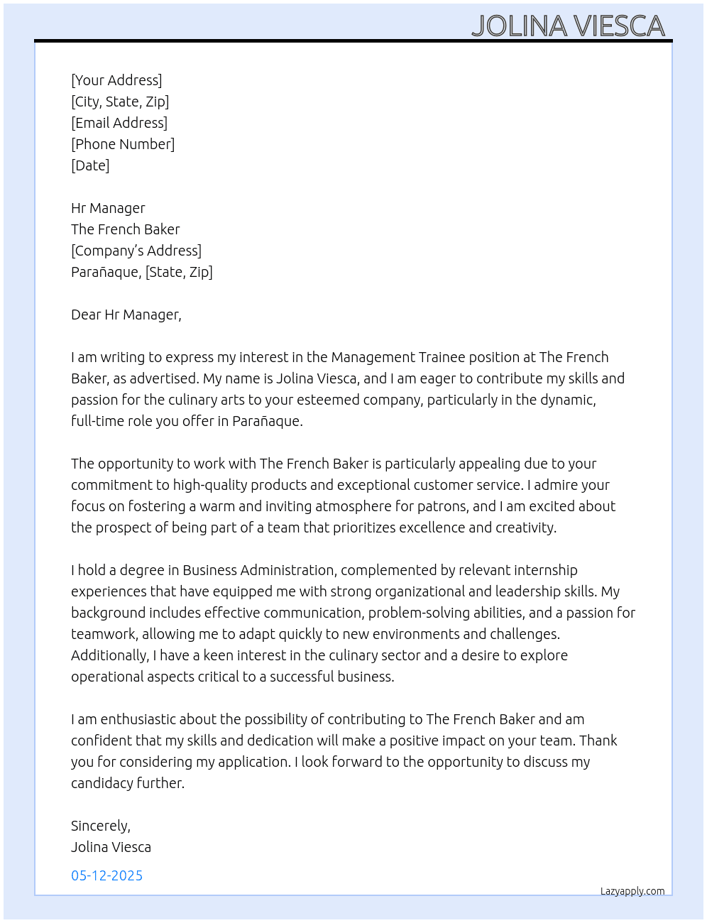 Management Trainee  At The French Baker Cover Letter
