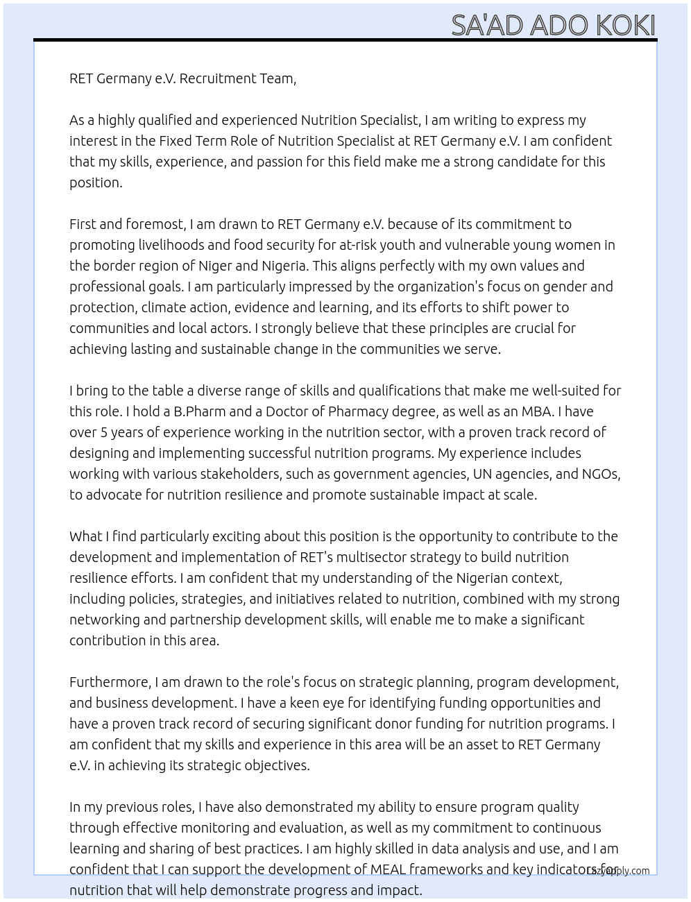 Nutrition Specialist At RET Germany e.V. Cover Letter