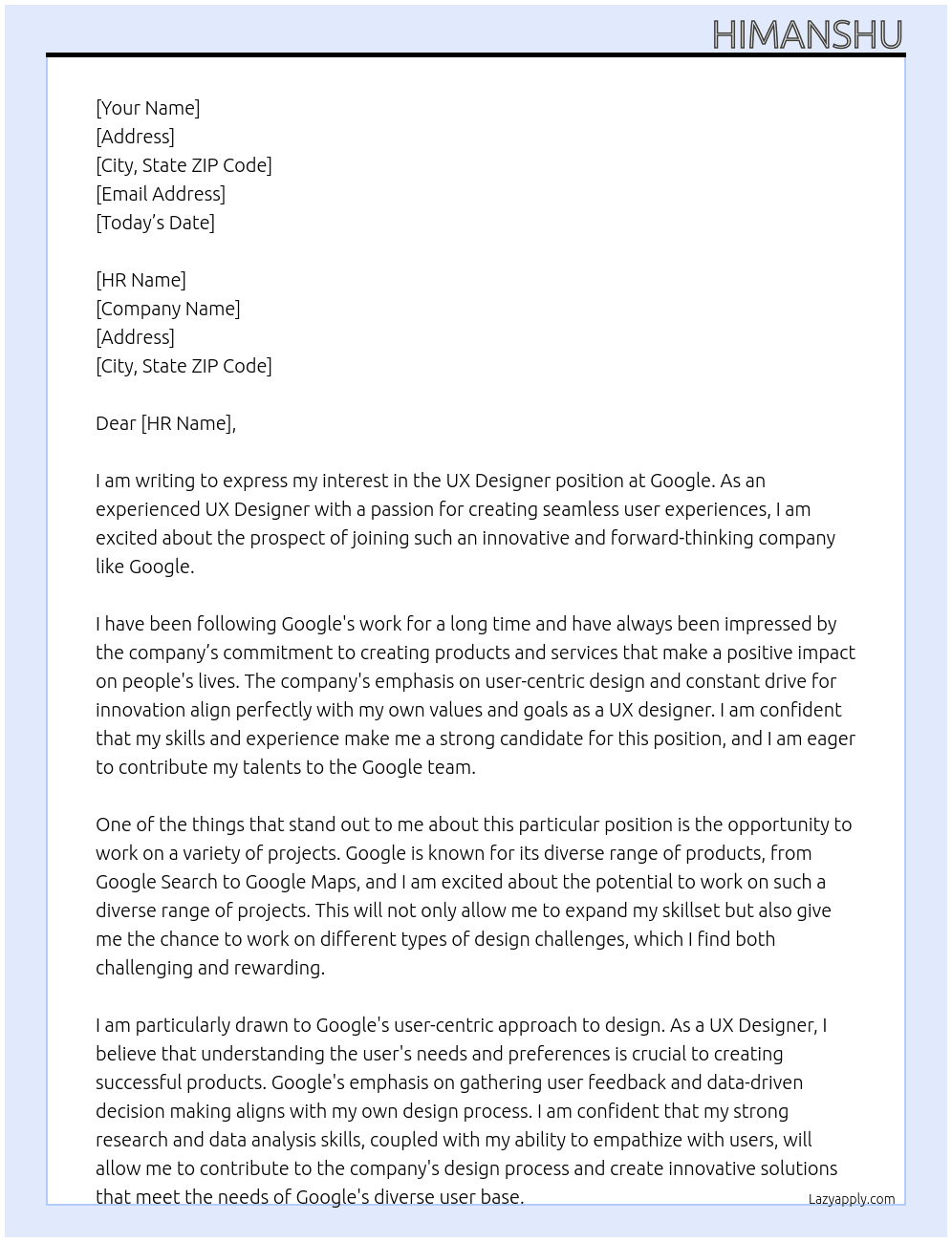 UX designer At Google Cover Letter