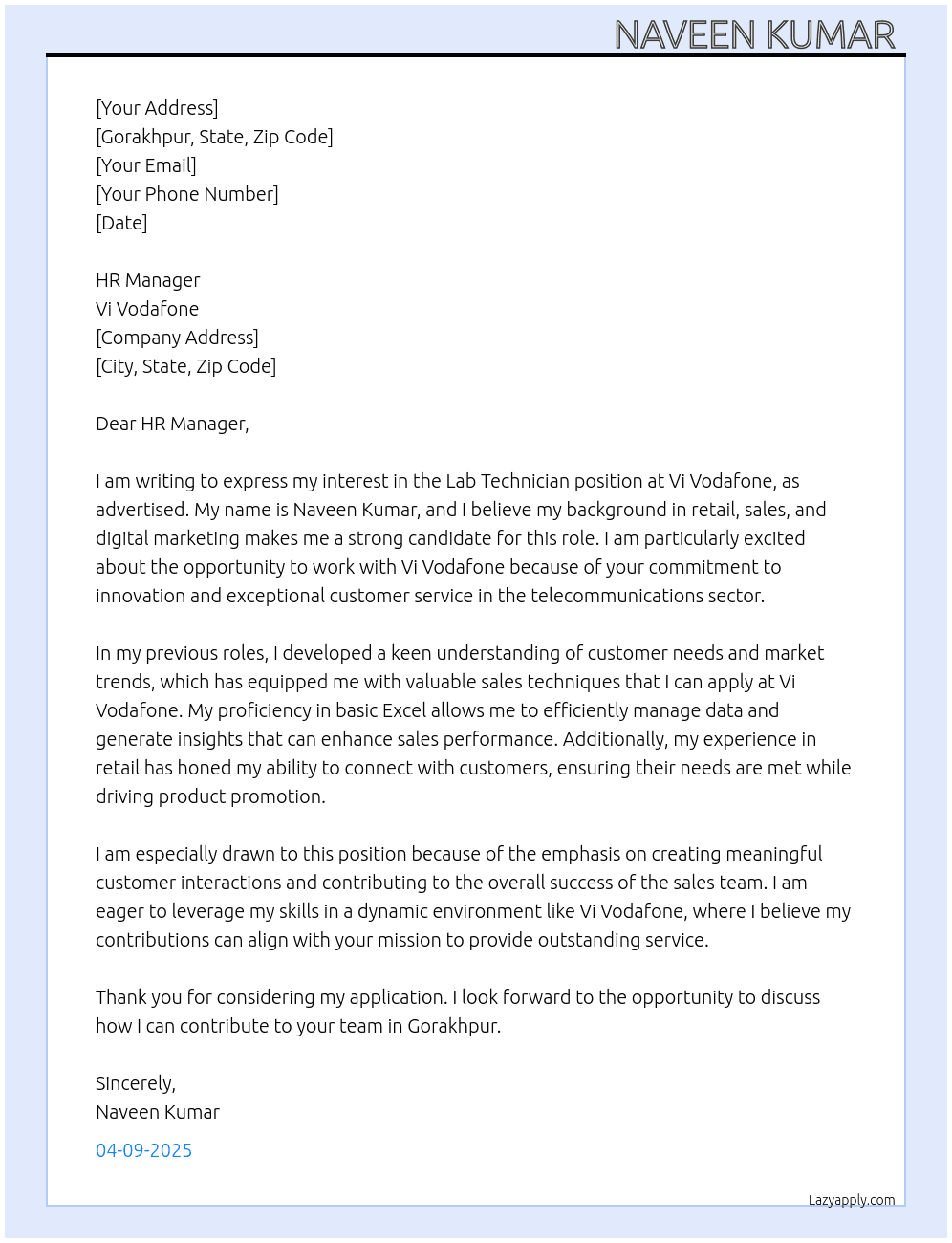 Lab technician  At Vi Vodafone  Cover Letter