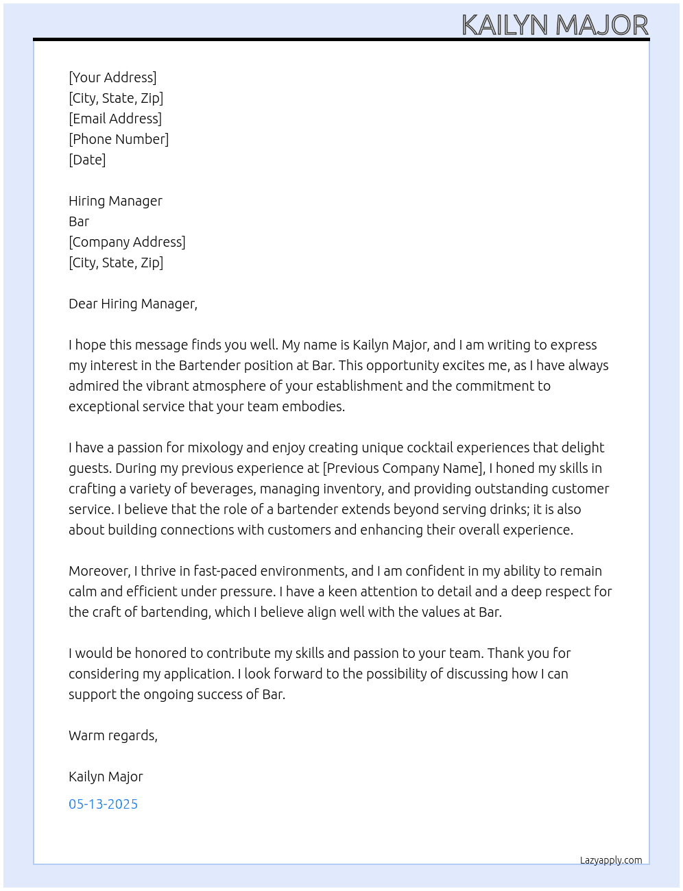 Bartender  At Bar Cover Letter