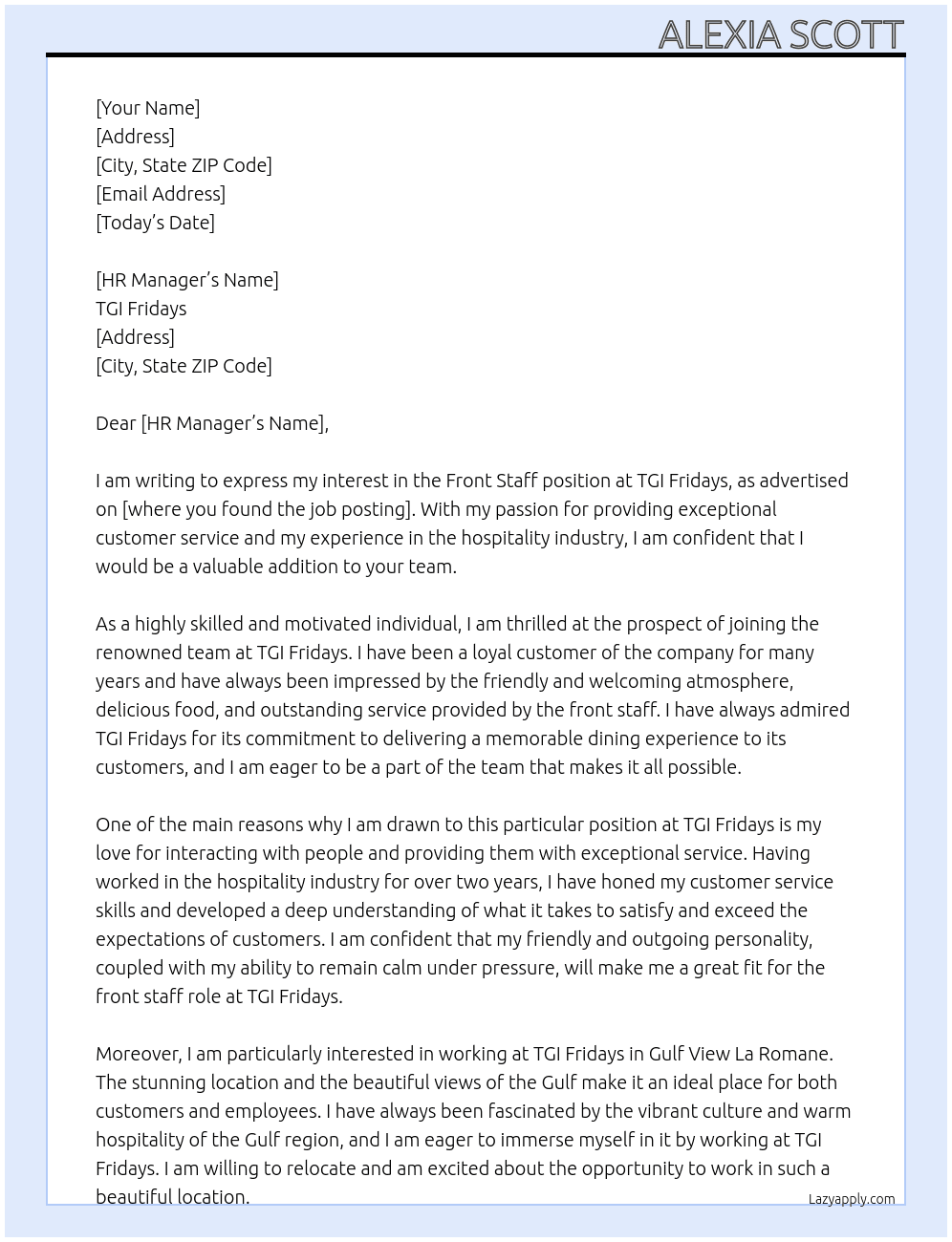 Front staff position  At TGI Fridays  Cover Letter