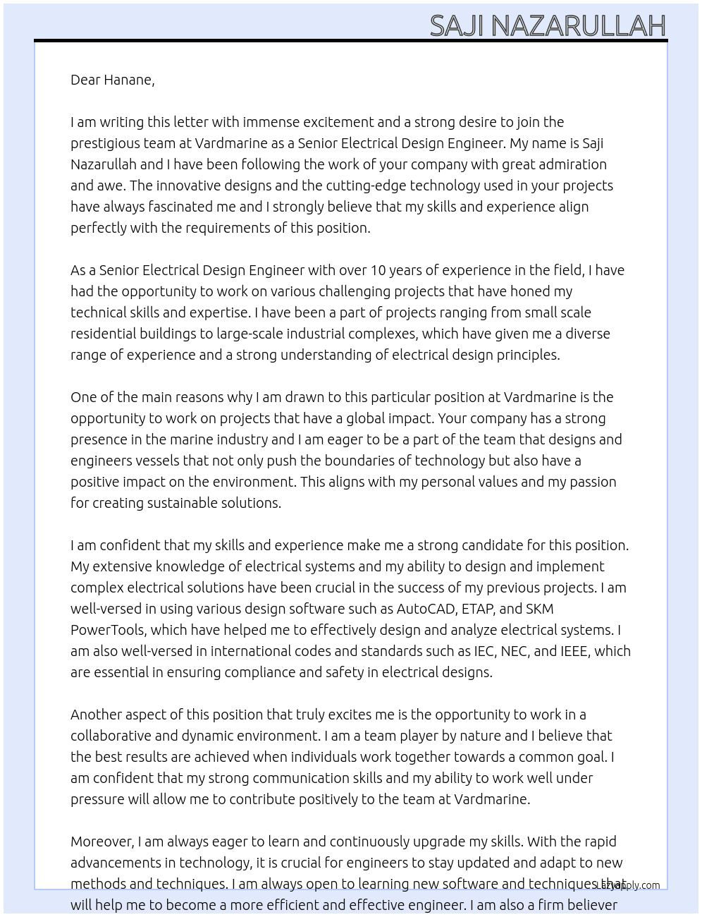 Senior Electrical Design Engineer At Vardmarine Cover Letter