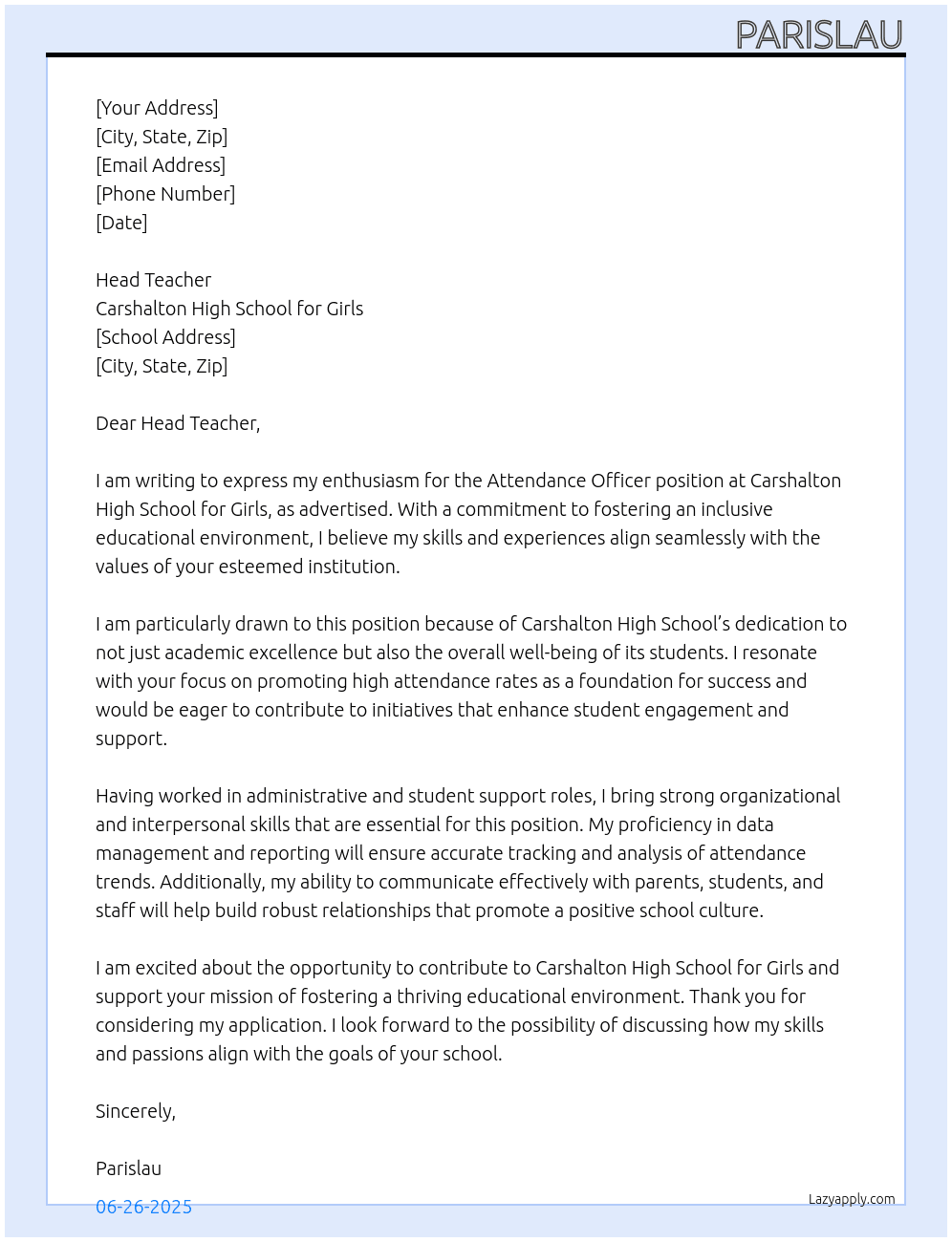 attendance officer At Carshalton High School for Girls Cover Letter