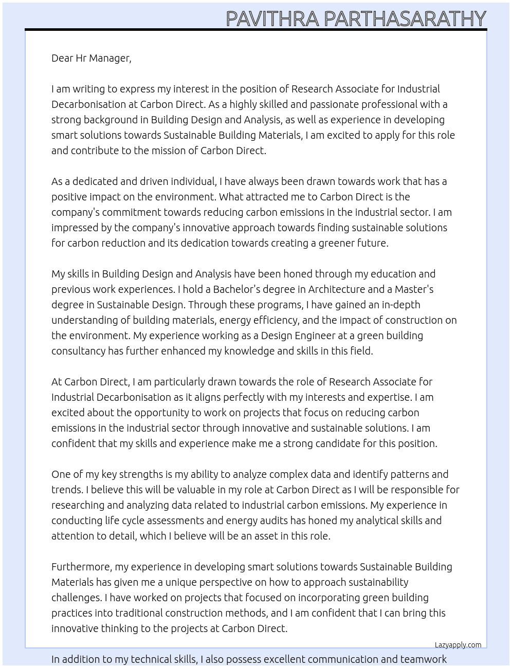 Research Associate Industrial Decarbonisation  At Carbon Direct  Cover Letter