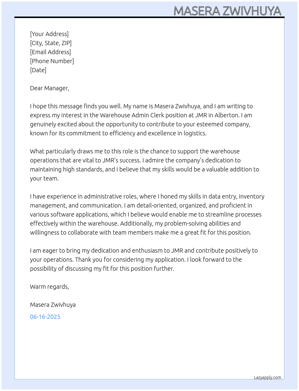 Warehouse admin clerk  At JMR Cover Letter